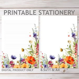 Colorful Wildflower Printable Stationery Lined and Unlined in A4 and 8.5x11 Letter | Print at Home Digital Notepaper Memo