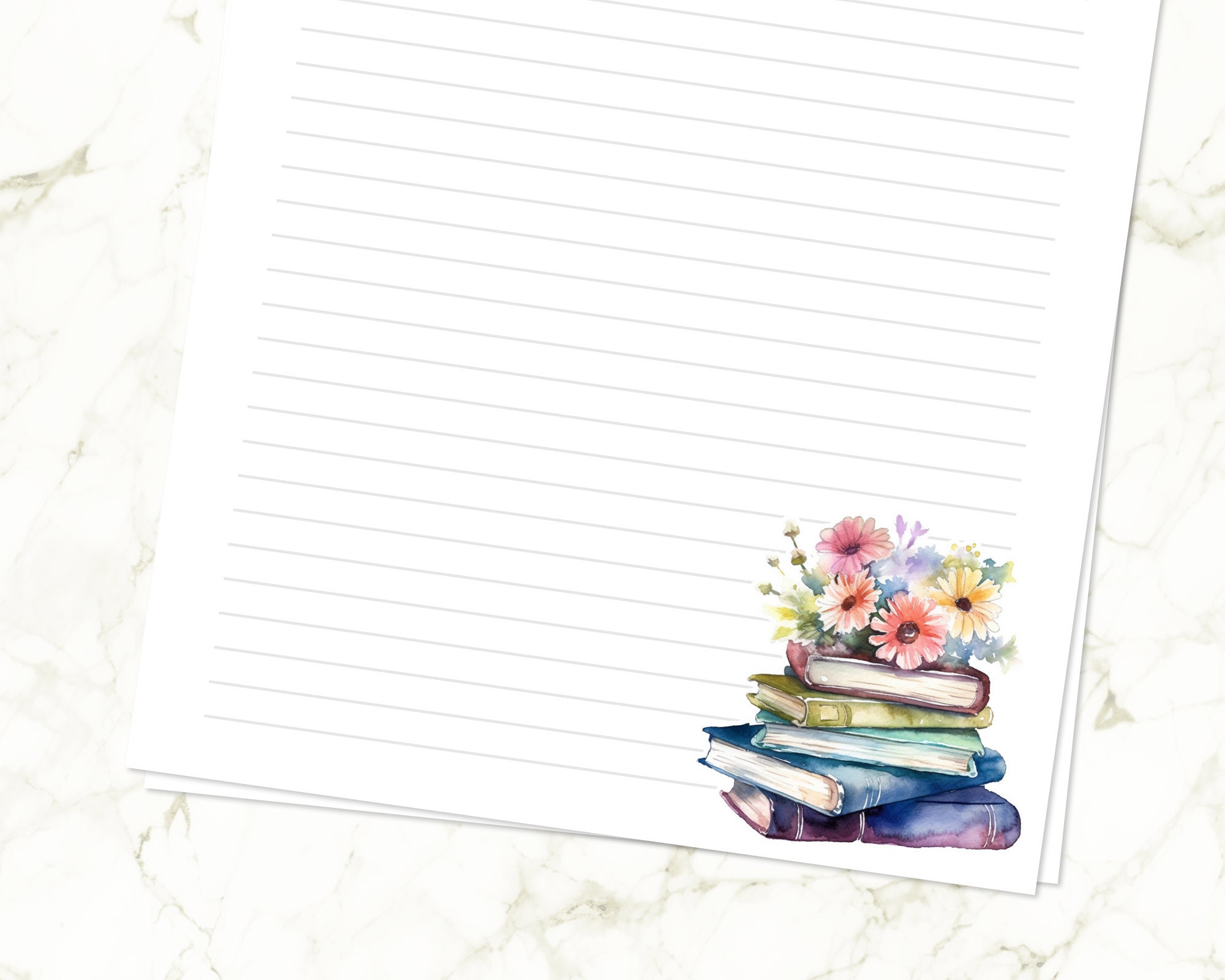 Stack of Books With Flowers Printable Stationery Set Lined and Unlined ...