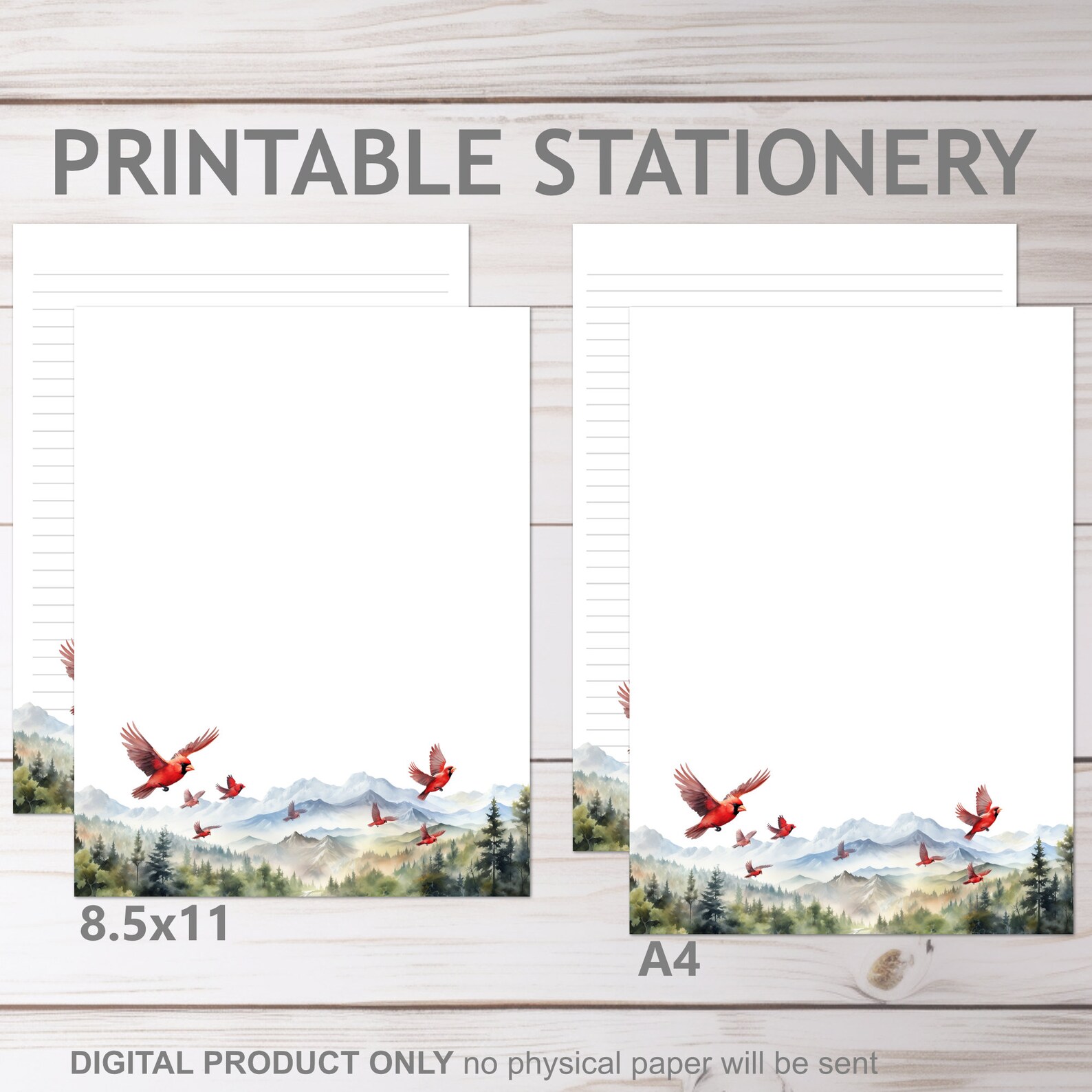 Cardinal Note Paper Red Cardinals Mountain Printable Stationery Lined and Unlined in A4 and ...