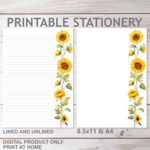 Sonnenblumen Floral Briefpapier Liniert und Unliniert A4 und 8,5 x 11 US Letter Size | Print at Home Daisy Briefpapier