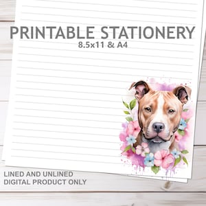 Artigos de papelaria para impressão Pitbull e flores forrados e sem forro em tamanho A4 e 8,5 x 11 US Letter | Imprimir em casa papel de escrita forrado de cachorro floral