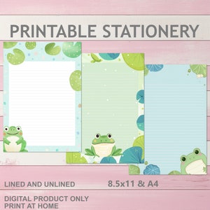 Sapos fofos para impressão infantil Pen Pal Papelaria forrado e sem forro A4 e 8,5 x 11 US Letter Size Imprimir em casa Lily Pad Pond Kawaii Paper Penpals