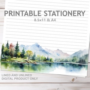 Papel para escribir notas con diseño de lago floral, con diseño de árboles de montaña verde, para imprimir en casa, con líneas y sin líneas, tamaño carta (A4 y 8,5 x 11) de JW Stationery.