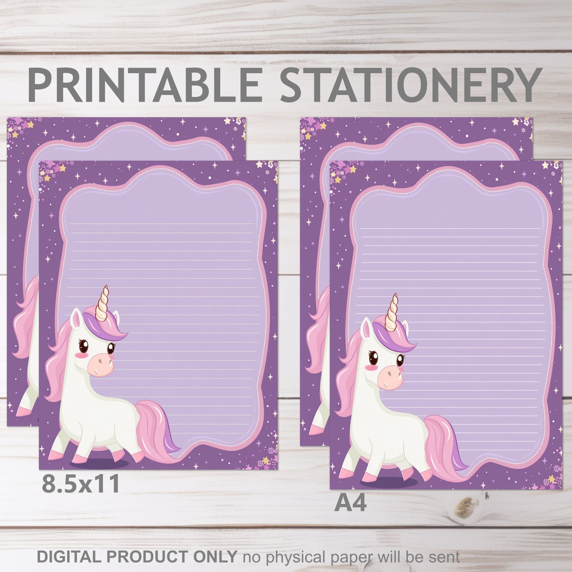 Cute Unicorns Printable Kids Pen Pal Stationery Lined and Unlined A4 and 8.5x11 US Letter Size ...