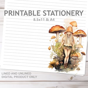 Pilz Mädchen Cottagecore Printable Briefpapier liniert und unliniert in A4 und 8,5x11 US Letter Größe | Print at Home Niedliches liniertes Briefpapier