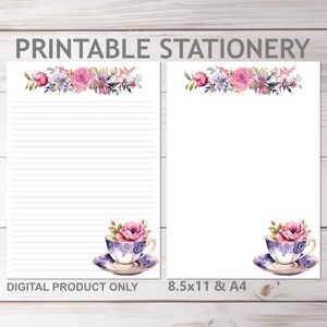 Blume Teetasse Muttertag Briefpapier liniert und unliniert in A4 und 8,5 x 11 US Letter Größe druckbar | Print at Home Floral gefüttertes Briefpapier