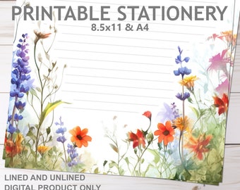 Wildflower Printable Stationery Lined and Unlined in A4 and 8.5x11 US Letter Size | Print at Home Flower Lined Writing Paper without lines