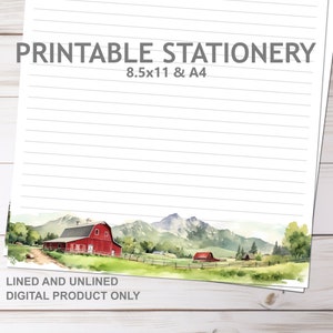 Carta da lettere stampabile Red Barn Farm Mountain, a righe e non, in formato A4 e 8,5x11 US Letter / Carta da lettere a righe "Print at Home Mountains"