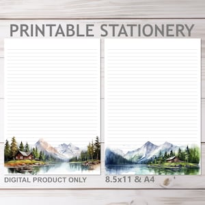 Blockhütte in den Bergen Druckbares Briefpapier Liniert und ohne Linien A4 & 8.5x11 US Letter Size Print zu Hause Naturwald JW Memo Schreiben