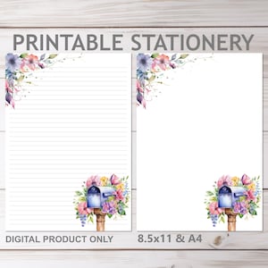 Floral Mailbox Penpal Briefpapier liniert und unliniert in A4 und 8,5 x 11 US Letter Größe druckbar | Print at Home Blumen liniertes Briefpapier