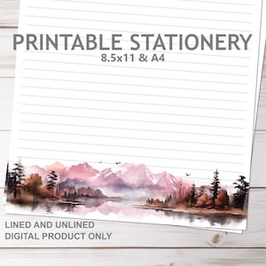 Papelería imprimible de montaña rosa con líneas y sin líneas en tamaño A4 y carta de EE. UU. de 8,5 x 11 / Papel de escritura rayado de naturaleza hermosa para imprimir en casa