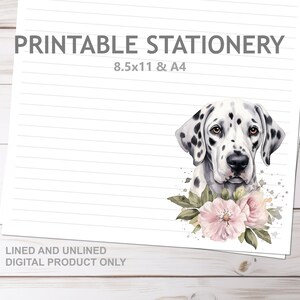 Dalmatiner und Blumen Briefpapier liniert und unliniert zum ausdrucken in A4 und 8,5x11 US Letter Größe | Print at Home Briefpapier gefüttert mit Hund