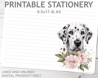 Papeterie imprimable dalmatien et fleurs, avec ou sans doublure au format A4 et US Letter 8,5 x 11 | Papier à lettres imprimé floral chien