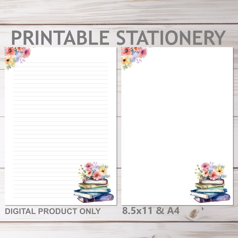 Stack of Books With Flowers Printable Stationery Set Lined and Unlined ...
