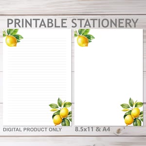 Papelería imprimible de limones de acuarela forrada y sin forro en A4 y 8.5x11 Carta / Imprimir en casa Conjunto de papelería