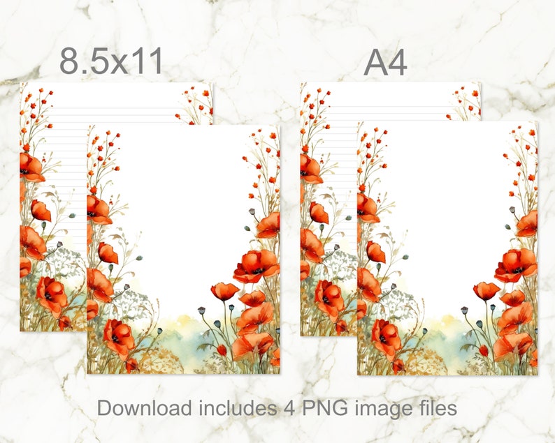 Poppies Flowers Watercolor Printable Stationery Set Lined and - Etsy