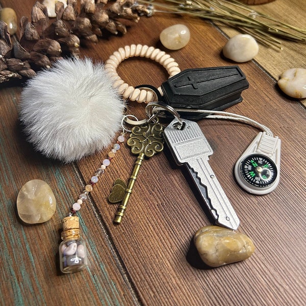 Wiccan Keychain: Utility Tool Set, Halloween Gifts, Spooky Accessories, Healing Crystals, Cute Compass, Handmade Spiritual Gift, Antique Key