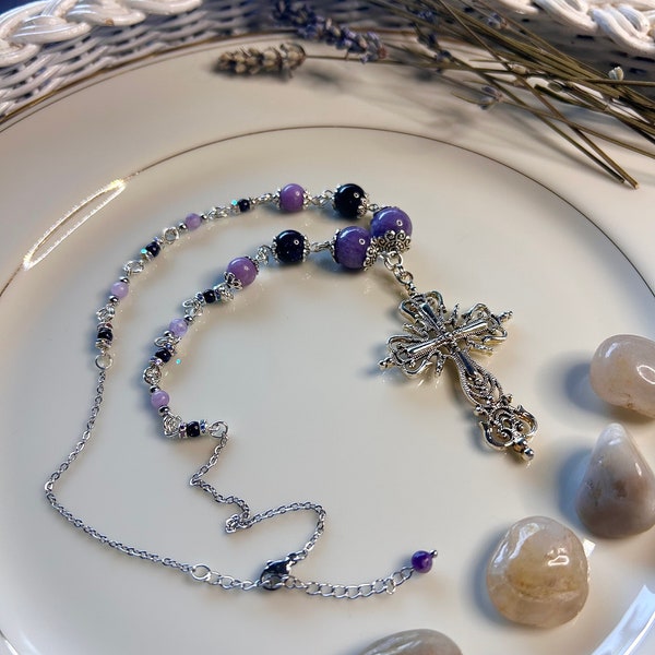 Crystal Rosary Necklace: Cross Pendant Accessory, Blue Goldstone Beads, Spiritual Gifts, Gift for Her, Religious Jewelry, Silver Decor