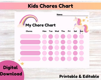 Kids Chore Chart, Weekly Chores Chart, Unicorn Chore Chart for girls, Kids Habit Tracker, Printable