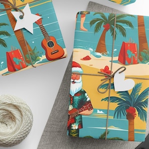 Christmas Wrapping Paper, Holiday Gift Wrap, Festive Present Packaging, Hawaiian Santa Theme, Tropical Xmas Decor