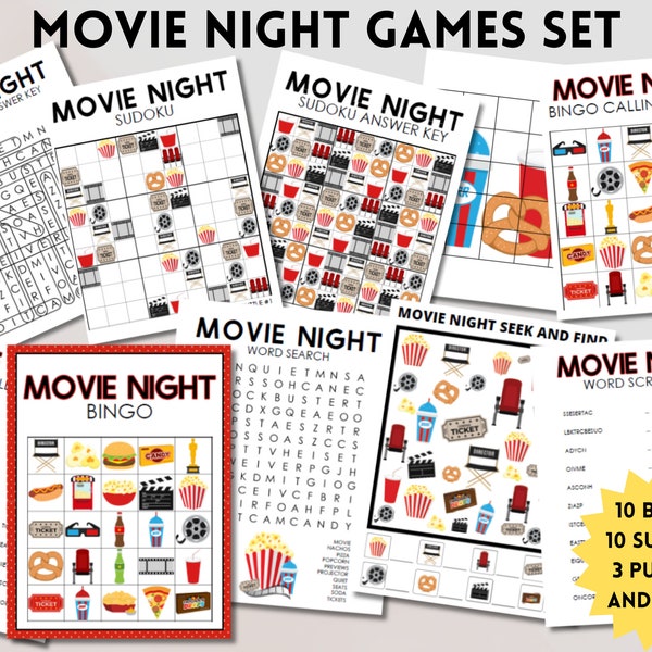 Printable Movie Night Game Set, Instant Download of 26 Games