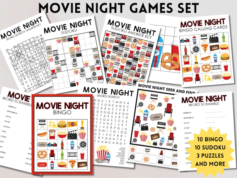 Printable Movie Night Game Set Instant Download of 26 Games Etsy