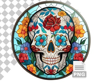 Sugar Flowers Skull Stained Glass Round Sublimation Design Print PNG Garden Wind Spinner, 10inch, Transparent background, Commercial Use