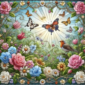 Lente thema digitale download faux gebrandschilderd glas ontwerp png, vlinders en bloemen, gratis commercieel gebruik, digitale download, onderzetter