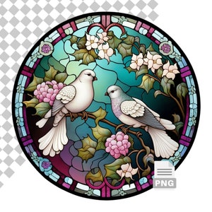 Diseño de vitral con palomas blancas y pájaros enamorados, sublimación PNG para molinillos de viento, diseño de camisetas, impresión redonda de pareja de palomas, uso comercial