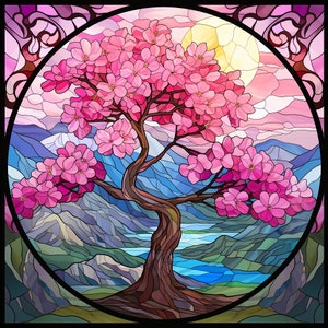 Kirschblüten-Buntglasmuster, Sublimationsdesigns, Glasmalerei PNG, Glasmalerei, digitale Datei, kommerzielle Nutzung