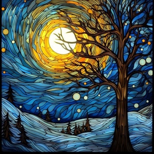 Nuit étoilée d'hiver, conception de vitrail de nuit de Noël PNG 2 quantités, 300 ppp, usage commercial, sublimation pour t-shirts, sous-verres, gobelets