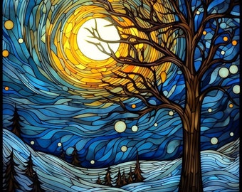 Notte stellata invernale, disegno di vetrate colorate della notte di Natale PNG 2 quantità, 300 DPI, uso commerciale, sublimazione per magliette, sottobicchieri, bicchieri