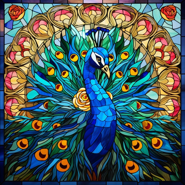 Peacock Stained Glass Design PNG, Stain Glass peafowl, Sublimation, Faux Stained Glass for Cutting Boards, Window Hangings, Digital Download