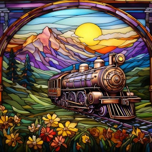 Vitral de tren para sublimación de vasos, diseño de camisetas, posavasos, arte mural - PNG de alta calidad, 350 DPI, uso comercial gratuito