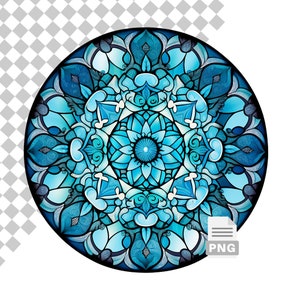May include: A blue and white mandala with intricate patterns and a central flower design. The mandala is surrounded by a black circle.