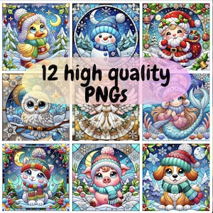 12 枚のお祝いステンドグラス PNG バンドル、冬の風景に動物、サンタ、天使、雪だるまをあしらったかわいいクリスマス デザイン、デジタル ダウンロード