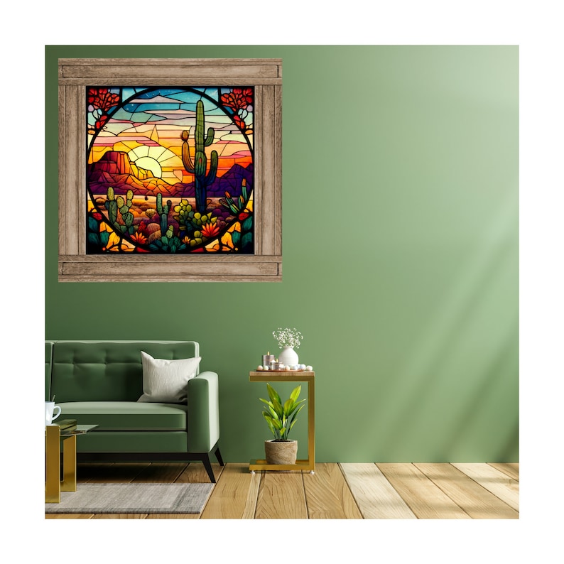 Cactus Desert Stained Glass Sublimation Design High Quality PNG 10inch
