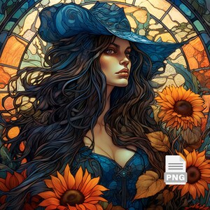 Halloween Witch Girl, Wild West Country Girl with Sunflowers Stained Glass Design Sublimation PNG for T-shirt designs, Commercial Use