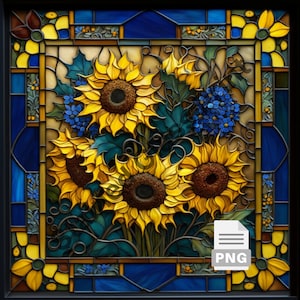 Sunflowers Stained Glass Sublimation PNG, Stained Glass Pattern PNG, T-Shirt Designs, Mug Design, Faux Stained Glass, Commercial Use