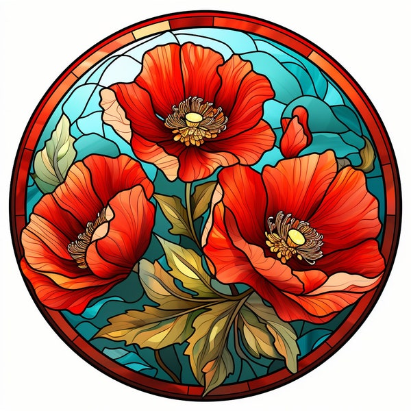 Poppies Flowers Stained Glass Design Sublimation PNG, Transparent Background, Commercial Use, Round Image, Wind Spinners, Mugs, Pillows
