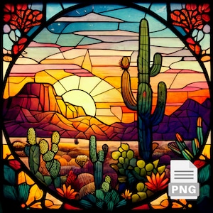 Cactus woestijn gebrandschilderd glas sublimatie ontwerp hoge kwaliteit png 10 inch, nep-vlek glas, T-shirtpatroon, commercieel gebruik
