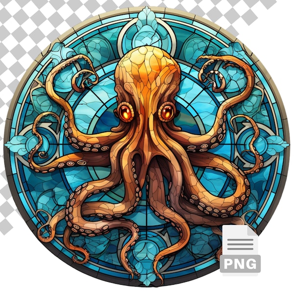 Octopus Stained Glass Sublimation PNG, Faux Stained Glass, Ocean Creature, for tumbler sublimation, t-shirt design, wind spinner, wall art