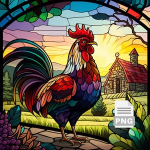 Diseño de vitral con diseño de gallo, vitral de sublimación falsa, diseños de camisetas, diseño de tazas, patrón de posavasos, uso comercial, 25 cm