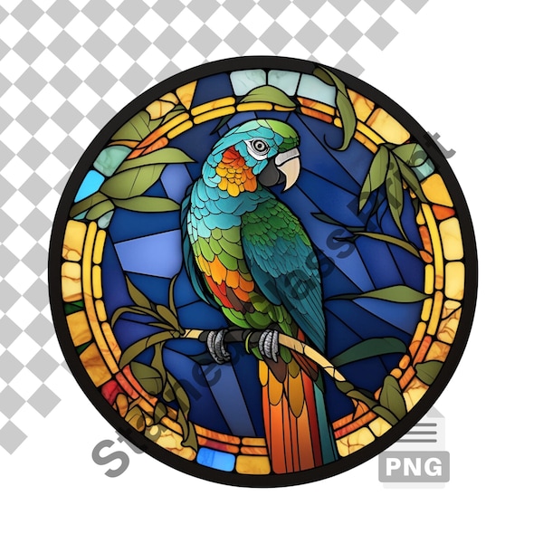 Tropical Parrot Stained Glass Design for Wind Spinner, Sublimation Round PNG for T-shirts, Coasters, Commercial Use, Transparent Background