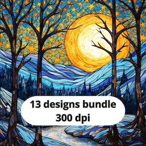 Pacote Noite Estrelada Noite de Inverno Clip Art Design de Vitral, 13 PNG de Alta Qualidade, Uso Comercial, Design de Envoltório de Copo de Inverno, Porta-copos