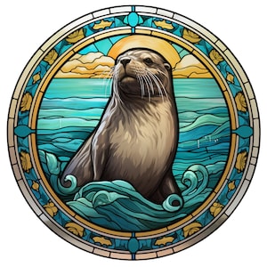 May include: A stained glass illustration of a seal swimming in the ocean. The seal is brown and has a white belly. The ocean is blue and green and has waves. The background is a sunset with orange, yellow, and pink colors.