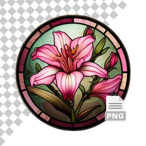 Pink Lily Flowers Stained Glass Sublimation Round PNG for Wind Spinners Designs, Coasters, T-shirt Patterns, Free Commercial Use