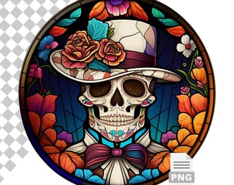 Halloween Skull Portrait Stained Glass Round Sublimation Design, Wind Spinner PNG, Transparent background, Commercial Use, T-shirt Designs