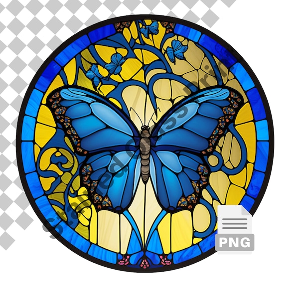 Blue Yellow Butterfly Stained Glass Print Clipart for Round Wind Spinner, Digital Download, High-Quality PNG, Commercial Use, Transparent