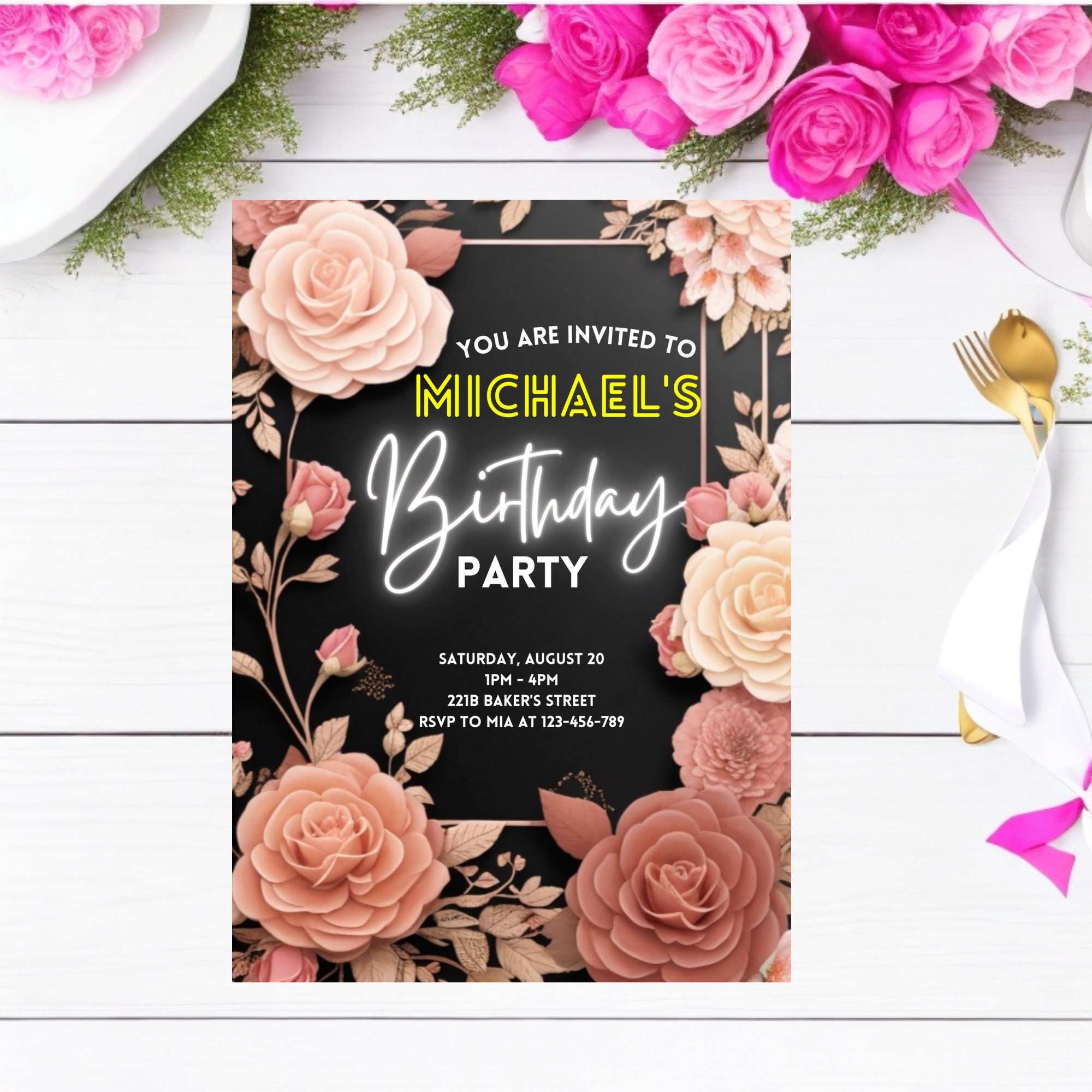 Birthday Invitation Rose Gold Invitation Template Rose Flower ...